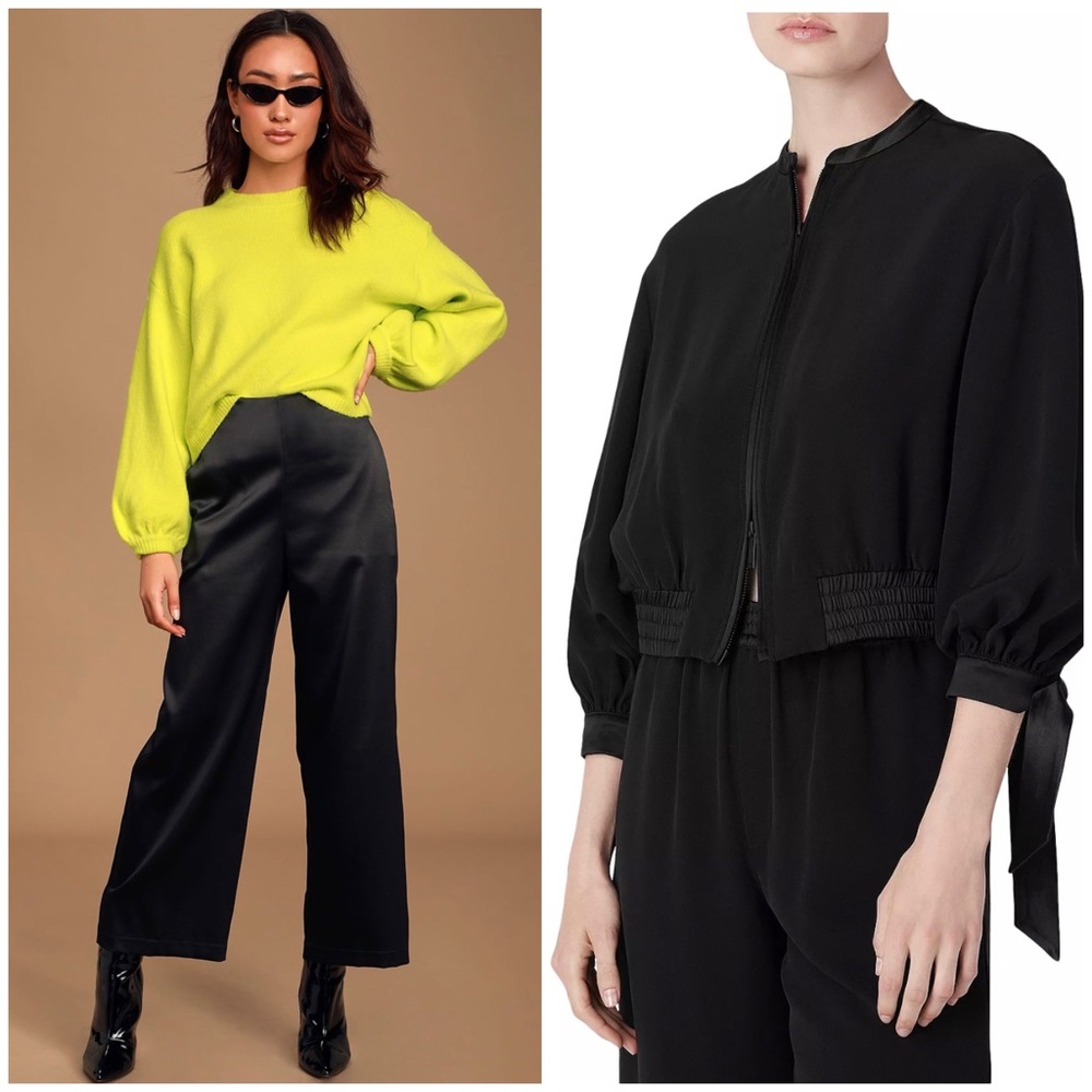 Black& Blue Jane+One Black Silk/Satin Set Ribbon Sleeve Jacket Blue Crop Pants